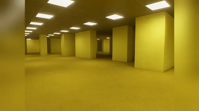An endless yellow room of pillars and buzzing ceiling lights, the classic Backrooms
