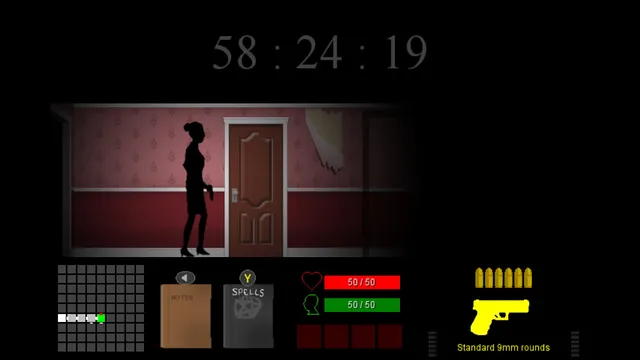 The Consuming Shadow: a woman's silhouette in a pink hallway under a countdown clock