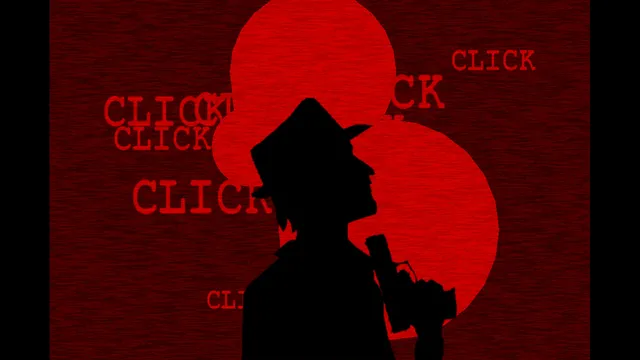 The Consuming Shadow: a silhouette in a hat raises a pistol against a red background filled with the word click