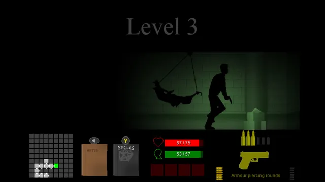 The Consuming Shadow: a silhouetted figure walks past a body hanging in a green-lit dungeon room, with ammunition and spellbook below