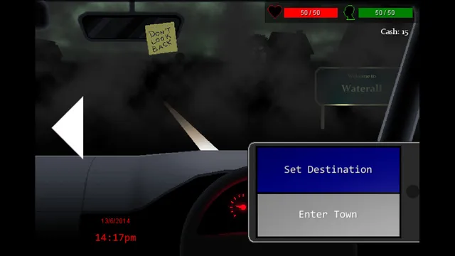 The Consuming Shadow: driving at night toward the town of Waterall, with a note saying don't look back on the mirror