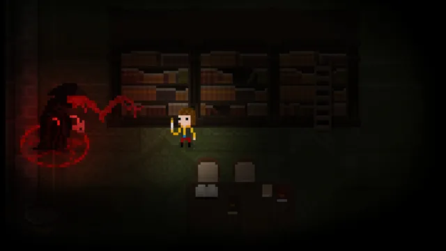 Hans holding a candle in a dark library beside a bloody, tentacled shape on a red circle