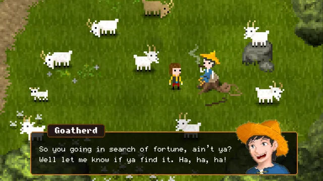 Hans meeting a goatherd among goats in a sunny meadow, who asks if he is looking for fortune