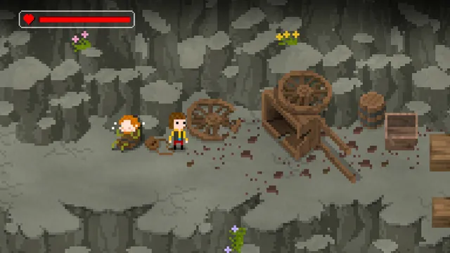 Hans beside a wrecked cart and a red-haired figure lying on a blood-spattered rocky path