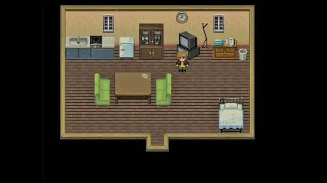 David stands in his small new apartment, a single room with a kitchen, a TV and a bed, seen from above