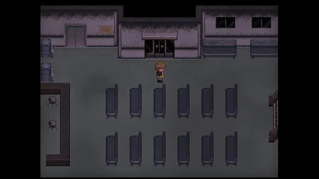 David alone in a dim waiting room with rows of grey seats, in pixel art seen from above