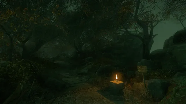 A lone candle burning on a stone block beside a forest path at dusk