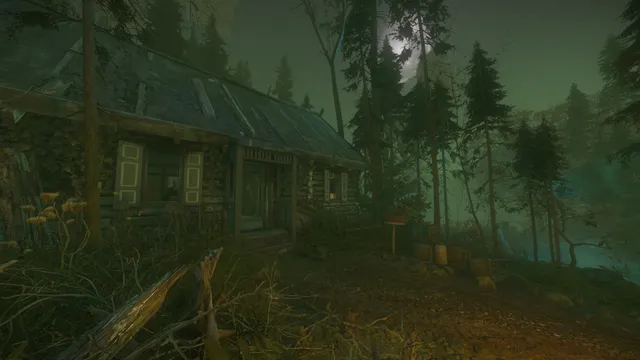 An old log house with shuttered windows among tall pines under a green, moonlit sky