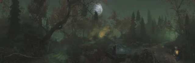 The Cursed Forest key art: a misty autumn forest at night under a full moon, with lantern light glowing among the trees