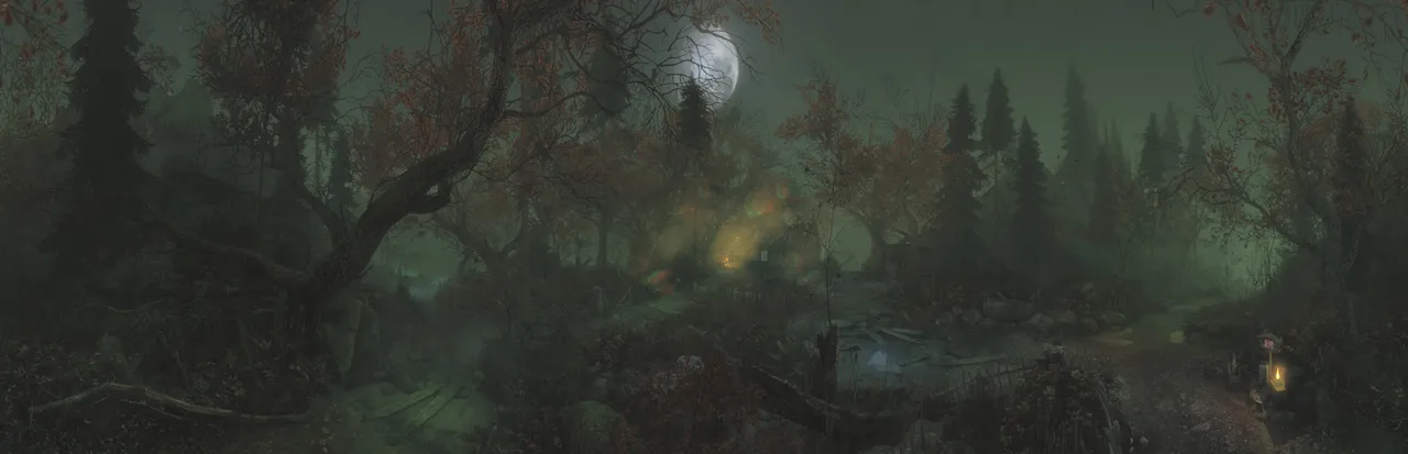 The Cursed Forest key art: a misty autumn forest at night under a full moon, with lantern light glowing among the trees