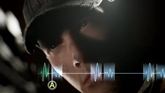 House of Ashes screenshot: a close-up of a soldier's face over the heartbeat prompt used to stay calm while hiding