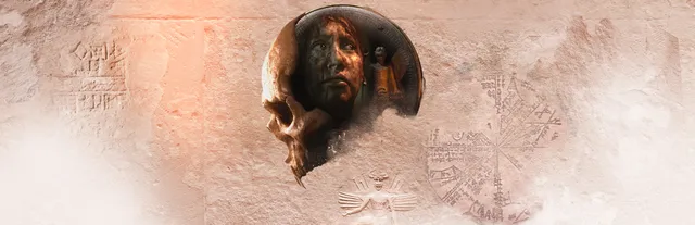 House of Ashes key art: a woman's face inside a half-skull, set into a sandstone wall carved with ancient reliefs