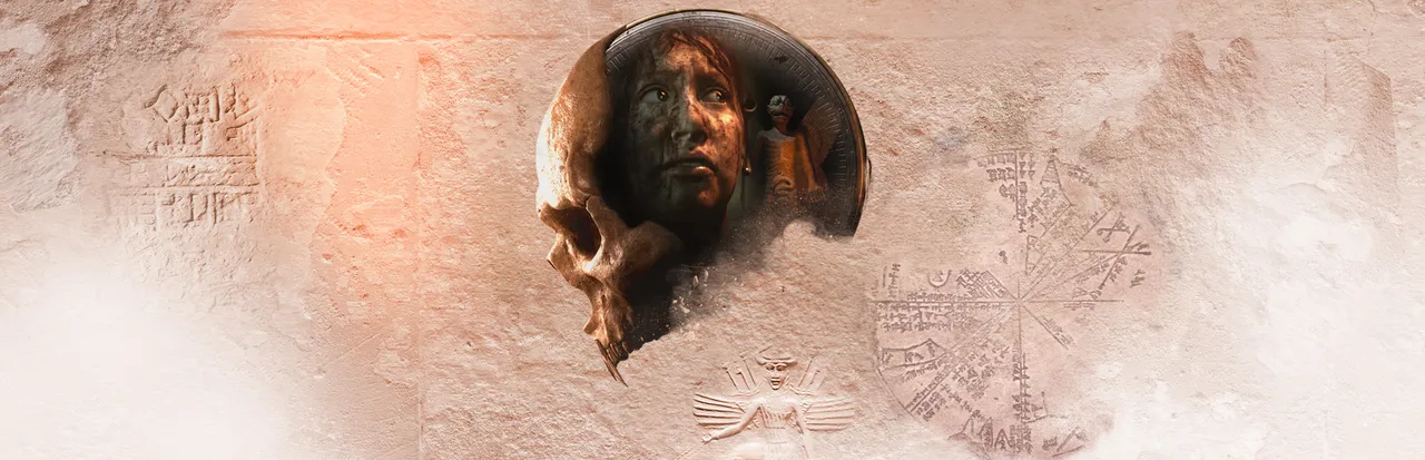 House of Ashes key art: a woman's face inside a half-skull, set into a sandstone wall carved with ancient reliefs