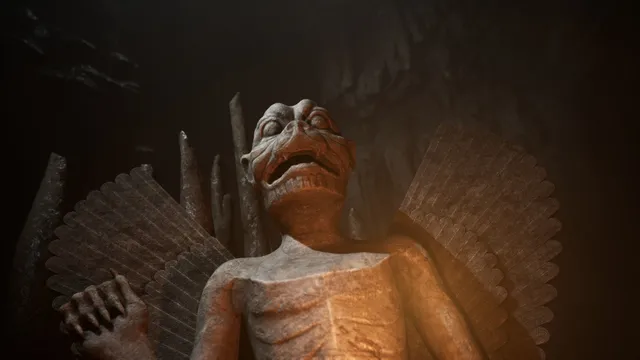 House of Ashes screenshot: a winged stone statue with a creature's face in the gloom of a buried temple