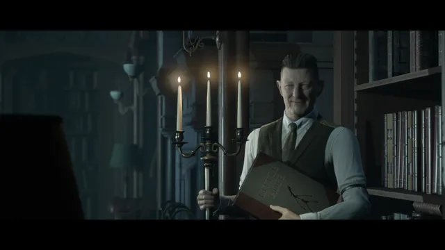 Little Hope screenshot: the Curator smiles in his candle-lit library, holding a book titled Little Hope