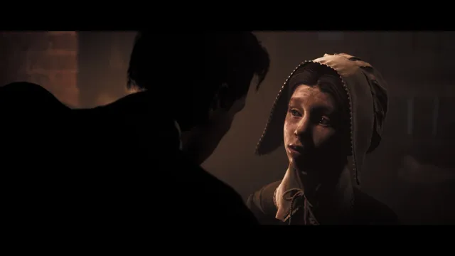 Little Hope screenshot: a girl in a 17th-century bonnet speaks to a man in a dim, firelit room