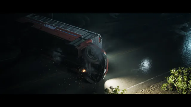 Little Hope screenshot: a crashed bus lies on its side on a wet road at night, sparks at its front