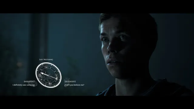 Little Hope screenshot: a dialogue compass with insistent and defensive choices beside Andrew's worried face