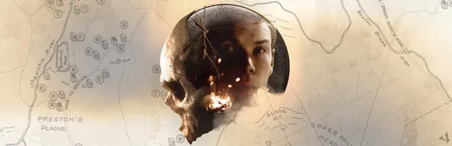 Little Hope key art: a young man's face merged with a burning skull and a twig effigy, over an old map of a New England town