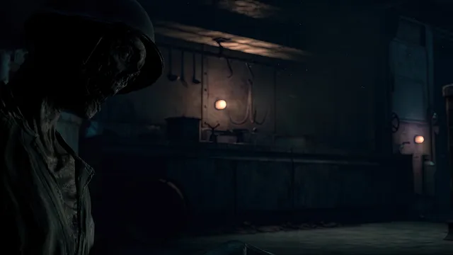 Man of Medan screenshot: a corpse in a soldier's helmet stands in the dark of the ship's galley