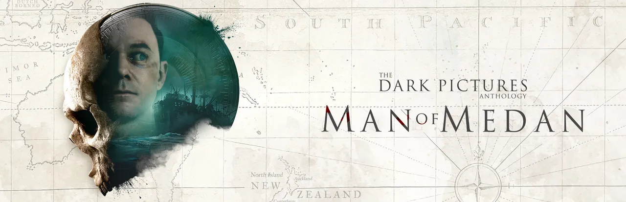 Man of Medan key art: a man's face blended with a skull and a ship at sea, over an old map of the South Pacific