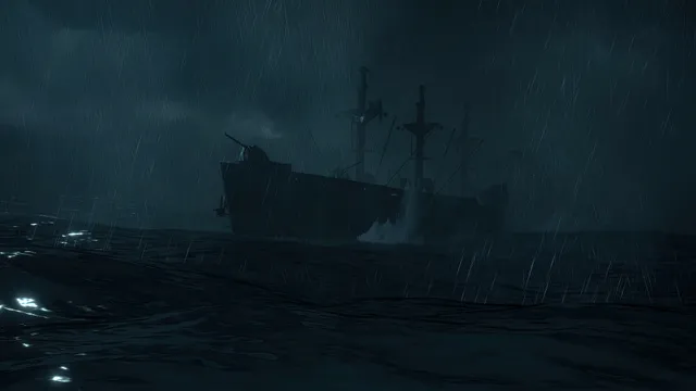Man of Medan screenshot: the rusting ghost ship looms out of a storm at sea in heavy rain