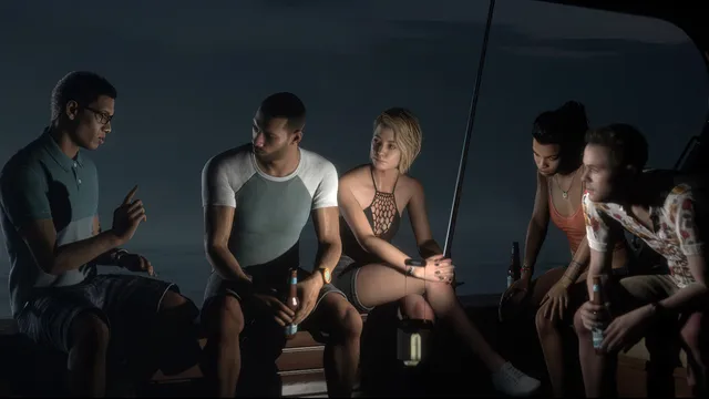 Man of Medan screenshot: the five friends and their captain sit on the boat at dusk with beers, listening to a story