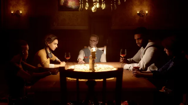 The Devil in Me screenshot: the film crew around a candlelit dinner table in the hotel's wood-panelled dining room