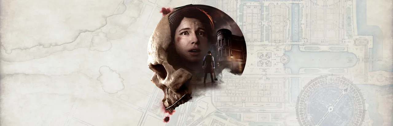 The Devil in Me key art: a frightened young woman's face set inside a half-skull, over an old printed map