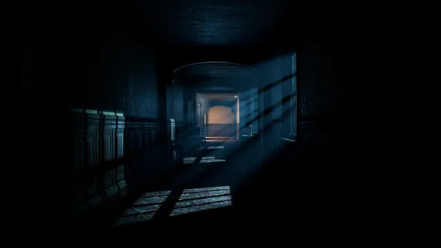The Devil in Me screenshot: a dark hotel corridor with light falling through the blinds onto the floor