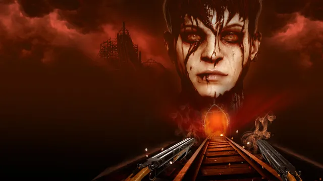 Switchback VR art: a pale, blood-streaked face above a rollercoaster track leading to a fiery gate, two pistols in the foreground