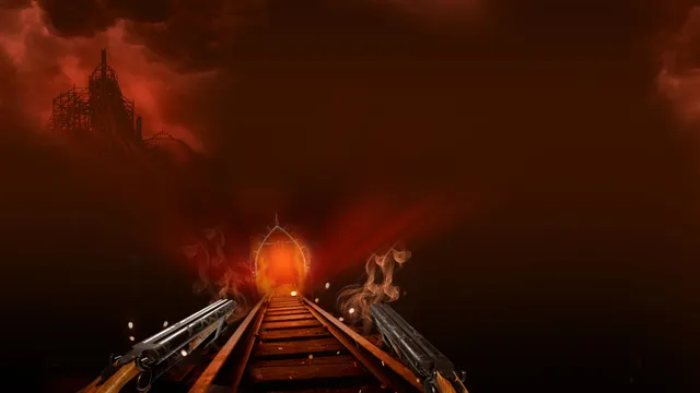 A rollercoaster track running toward a glowing gate under a red sky, a wooden coaster in the distance