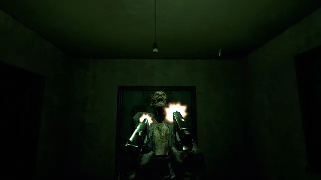 Two pistols firing at a screaming, decayed figure in a dim green room