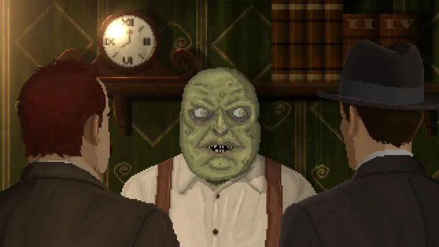 The Dark Rites of Arkham screenshot: two detectives face a pale, fish-faced man in braces in a green study with a clock