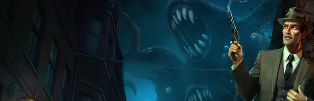 The Dark Rites of Arkham key art: a detective in a fedora holds a revolver as huge toothed jaws and tentacles loom out of a blue night behind him