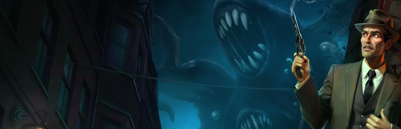 The Dark Rites of Arkham key art: a detective in a fedora holds a revolver as huge toothed jaws and tentacles loom out of a blue night behind him