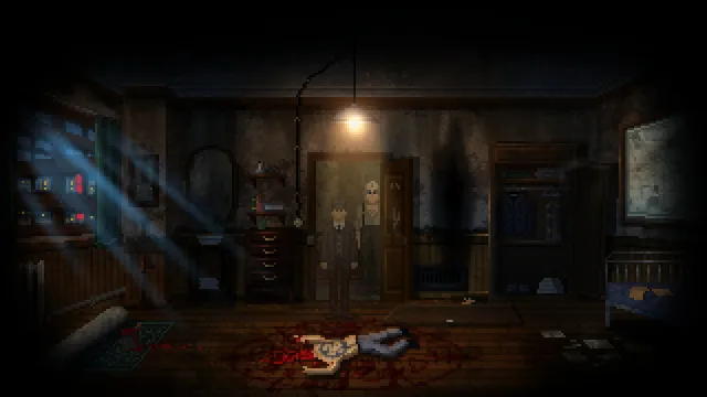 The Dark Rites of Arkham screenshot: two detectives in a dim bedroom lit by a hanging bulb stand over a bloody body on the floor
