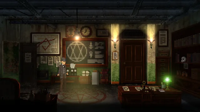 The Dark Rites of Arkham screenshot: an occult office with a chalkboard of strange symbols, a pentagram on the floor and a detective at the desk