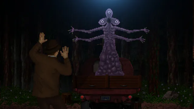 The Dark Rites of Arkham screenshot: a many-armed purple creature with glowing eyes rises from the back of a truck in a dark forest as a man raises his hands