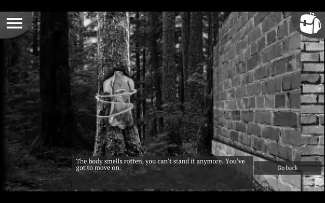 A body roped to a tree beside a brick wall in a dark forest, with the narration The body smells rotten