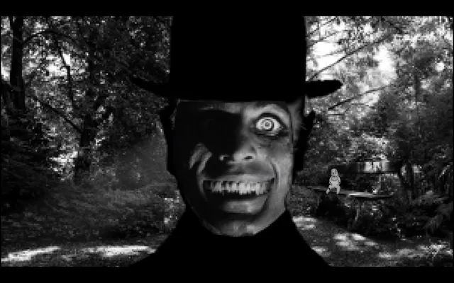 A grinning man in a top hat with one wide eye looms in a black-and-white forest, a small doll sitting on a bench behind him