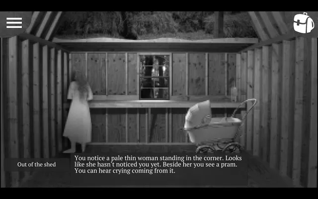 A pale thin woman stands in the corner of a wooden shed beside an old pram, with narration that crying comes from it