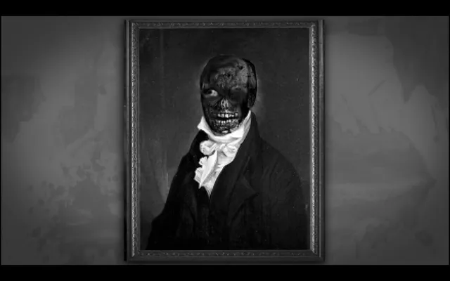 An old framed portrait of a man in a cravat whose face is a rotting, grinning skull