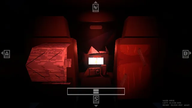 The back seat lit red, with a wooden crate on the seat and the handheld glowing in the middle