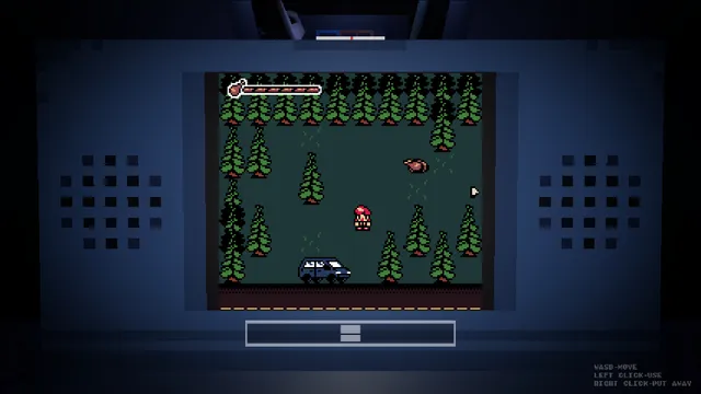 The handheld's screen showing a pixel-art game with pine trees, a small character and a car
