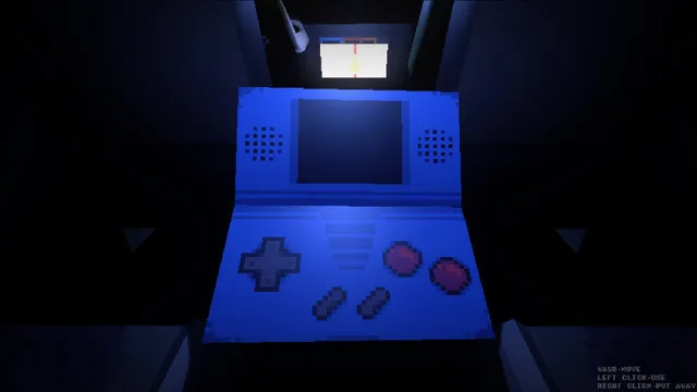 The Deadseat screenshot: a big blue handheld game console held up in the dark back seat of a car