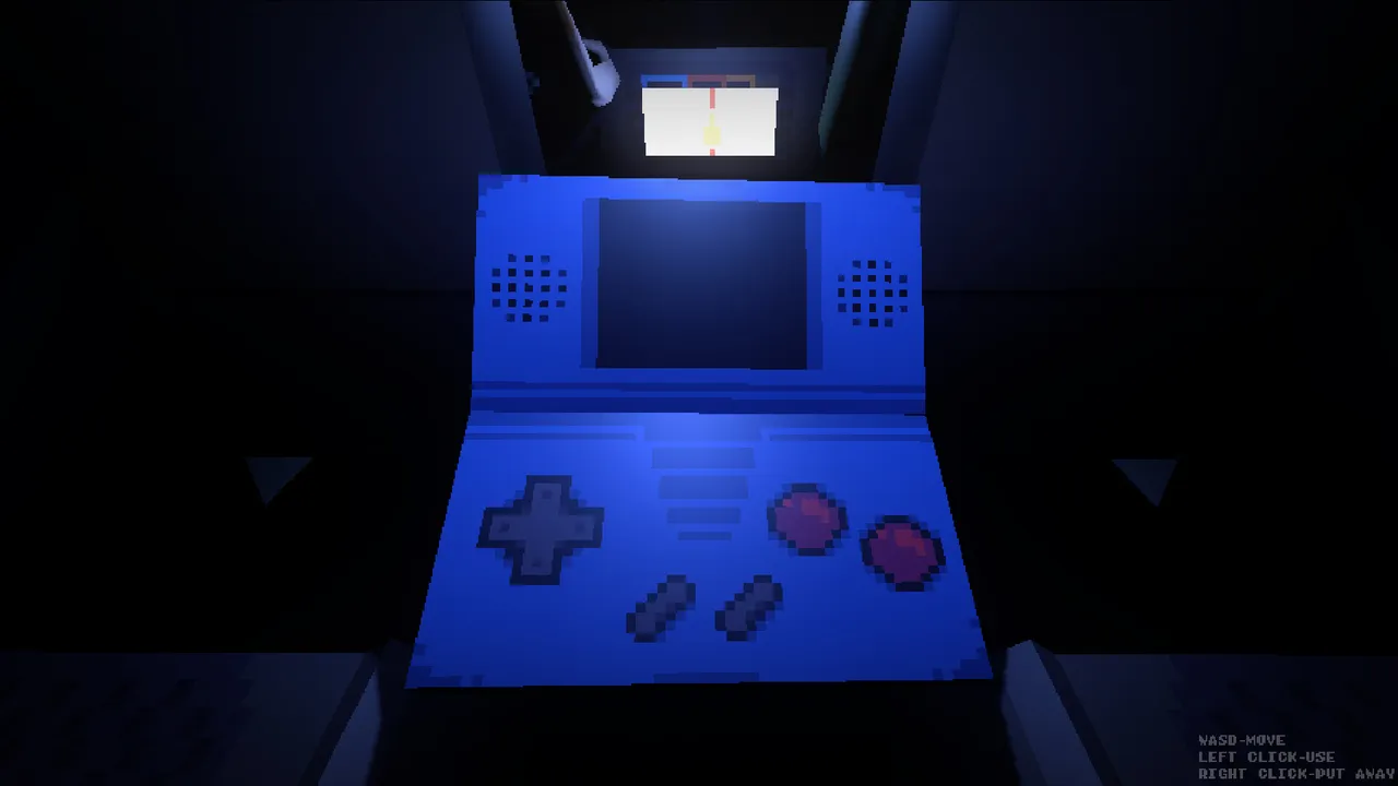 The Deadseat screenshot: a big blue handheld game console held up in the dark back seat of a car