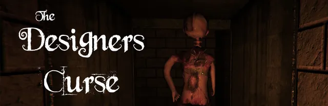 The Designer's Curse key art: a pale figure with a stitched, bloodied torso standing in a brick corridor beside the title