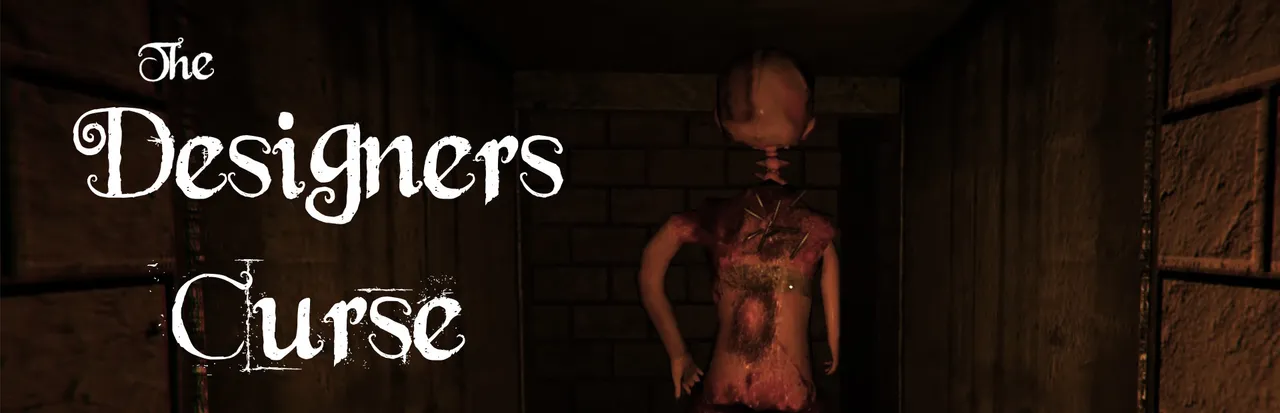 The Designer's Curse key art: a pale figure with a stitched, bloodied torso standing in a brick corridor beside the title