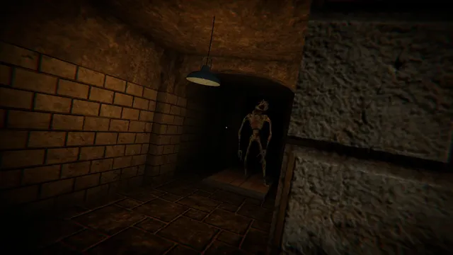 A gaunt, skeletal creature standing in a dark doorway at the end of a brick corridor under a hanging lamp